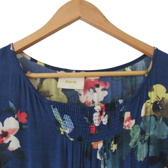 Maeve Anthropologie Evaline Blue Yellow Floral Dress Small Cap Sleeves Smocked - Picture 3 of 11